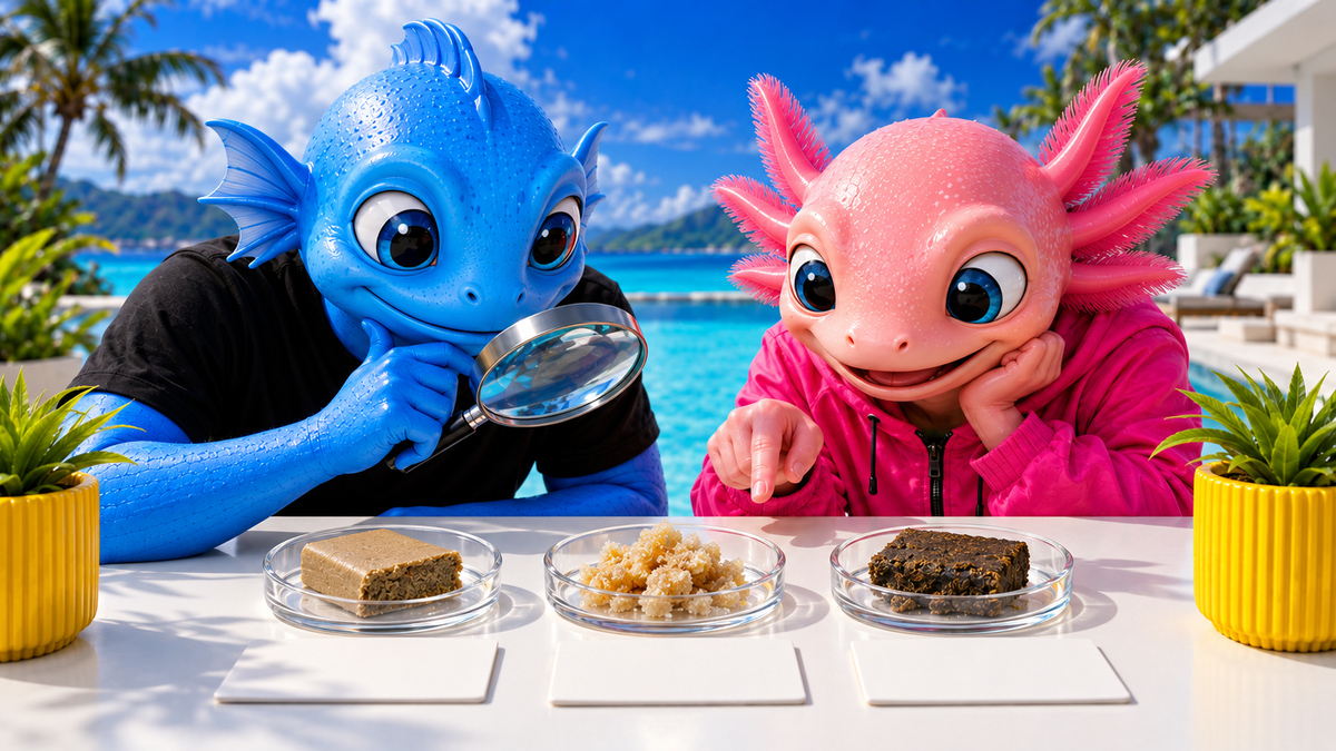 Mascottes HIGHWEED+ comparant trois présentations de résine dans des coupelles