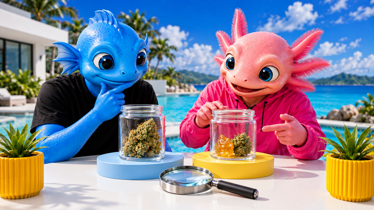 Mascottes HIGHWEED+ examinant deux bocaux de fleurs et de résine pour comparer CBX et 10-OH-HHC