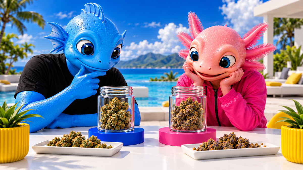 Mascottes HIGHWEED+ comparant deux bocaux de fleurs représentant les gammes TH-X et THCX 2.0