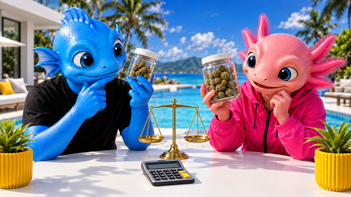 Mascottes HIGHWEED+ comparant deux quantités de fleurs avec une balance et une calculatrice