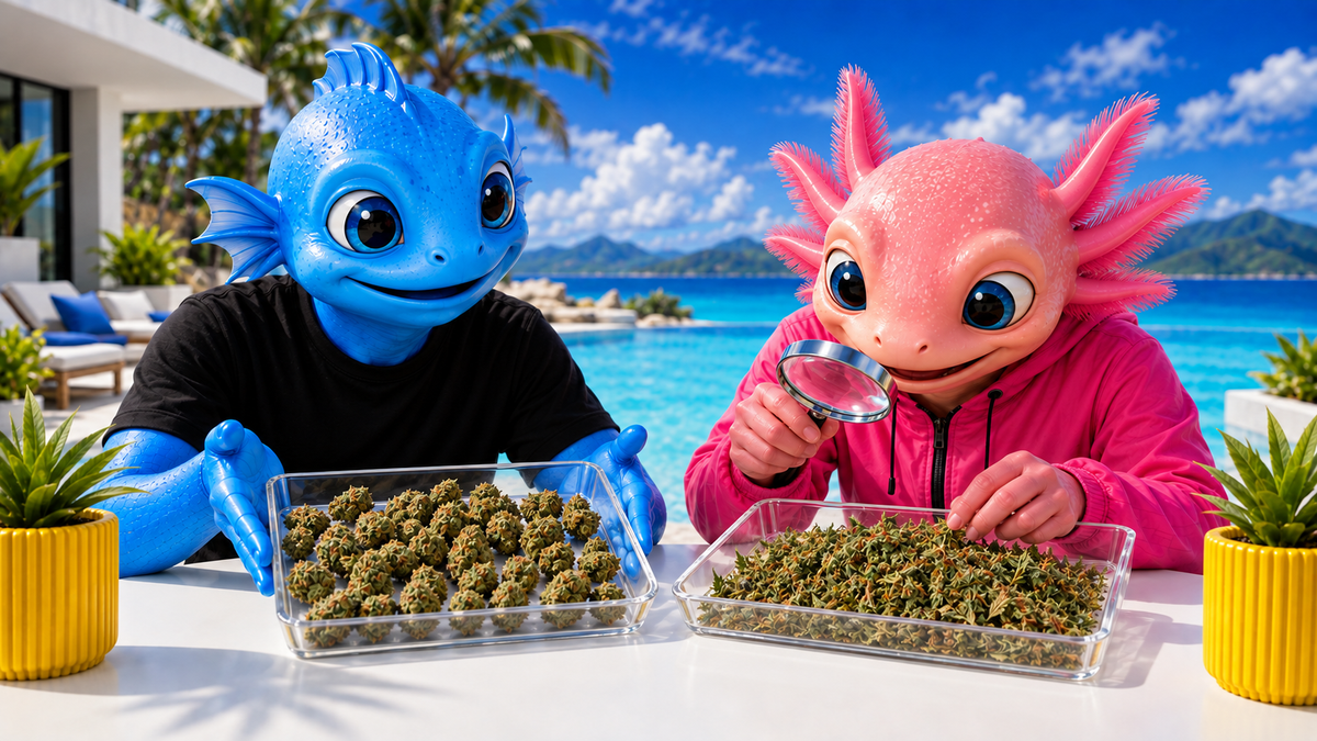 Mascottes HIGHWEED+ comparant des petites fleurs Small Buds et du Trim sur deux plateaux